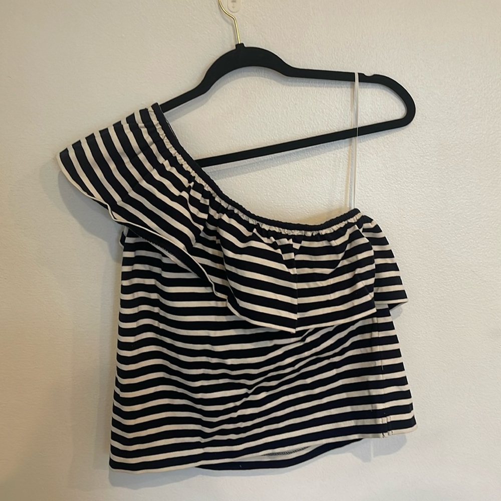 J.Crew one shoulder, blue and white striped top with peplum size medium